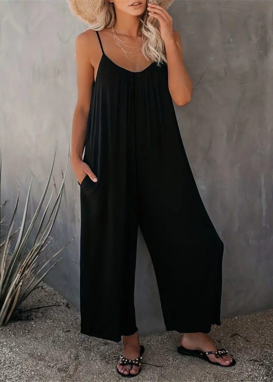 Boho Spaghetti Ruched Jumpsuit, Casual Sleeveless Long Length Wide Leg Jumpsuit, Women's Clothing