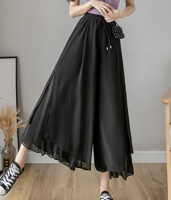 Elastic Wide Leg Pants Women Korean Fashion Chiffon Trousers Summer Casual Loose Pleated Pants Lady High Waist Street Skirt Pan