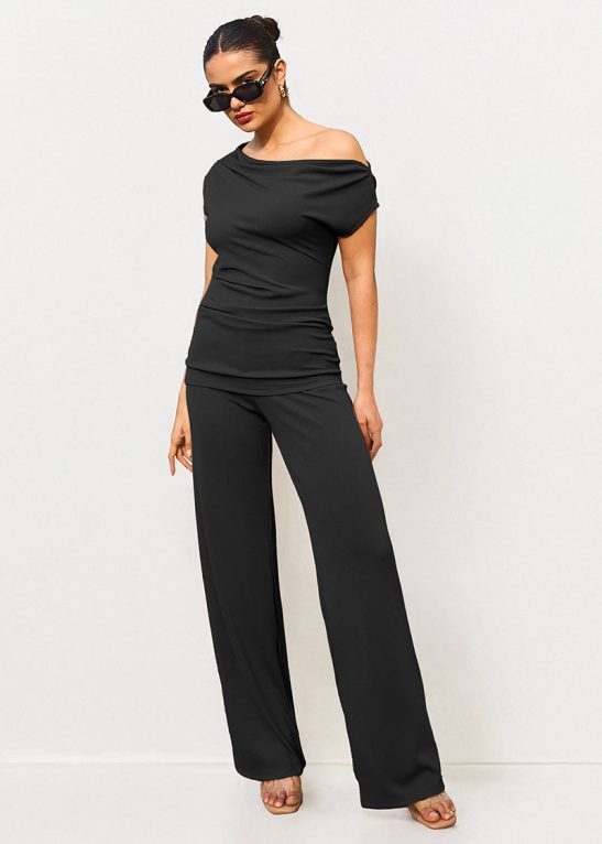 Leisure Solid Sloping-Shoulder Slim Top & Wide-Leg Trousers Co-ord