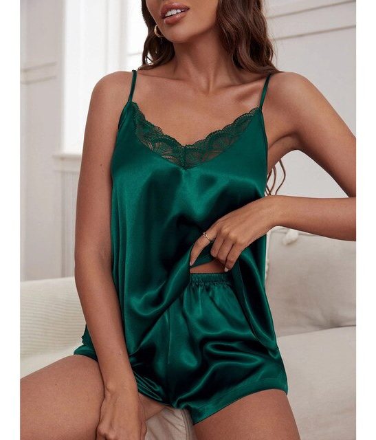 Female Pijama Set Sexy Sling V Neck Sleepwear Satin Top And Shorts Splicing Lace Solid Nightclothes Two Piece Suit Women Pajama